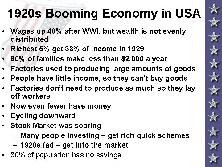 1920 s Booming Economy in USA • Wages up 40% after WWI, but wealth 1920 s Booming Economy in USA • Wages up 40% after WWI, but wealth