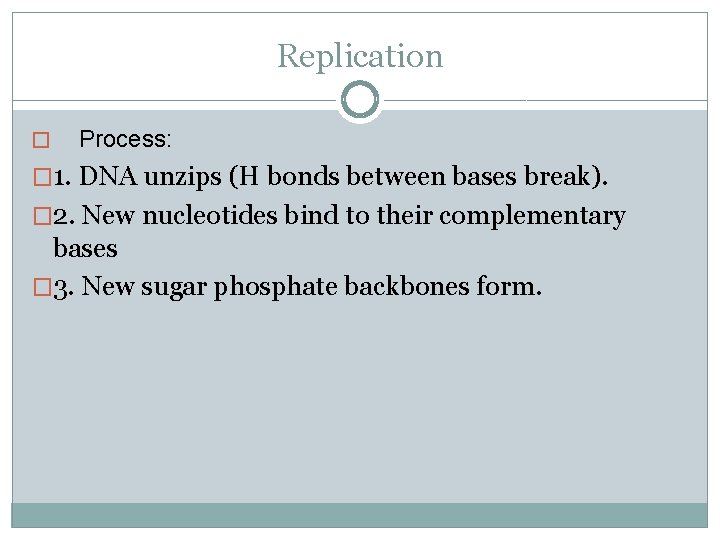 Replication � Process: � 1. DNA unzips (H bonds between bases break). � 2.