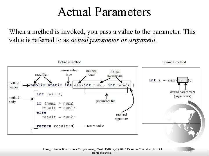 Actual Parameters When a method is invoked, you pass a value to the parameter.