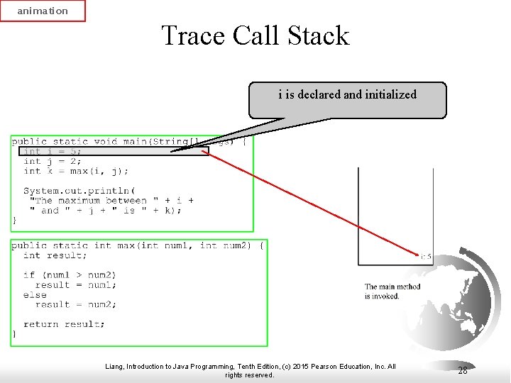 animation Trace Call Stack i is declared and initialized Liang, Introduction to Java Programming,