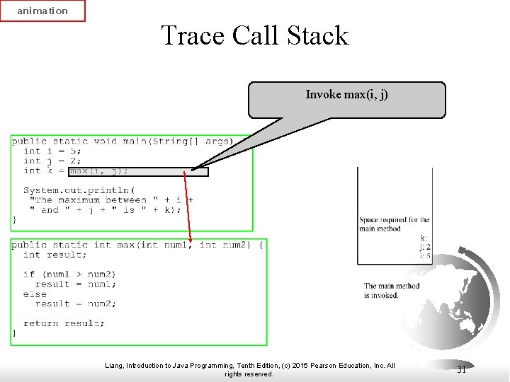 animation Trace Call Stack Invoke max(i, j) Liang, Introduction to Java Programming, Tenth Edition,
