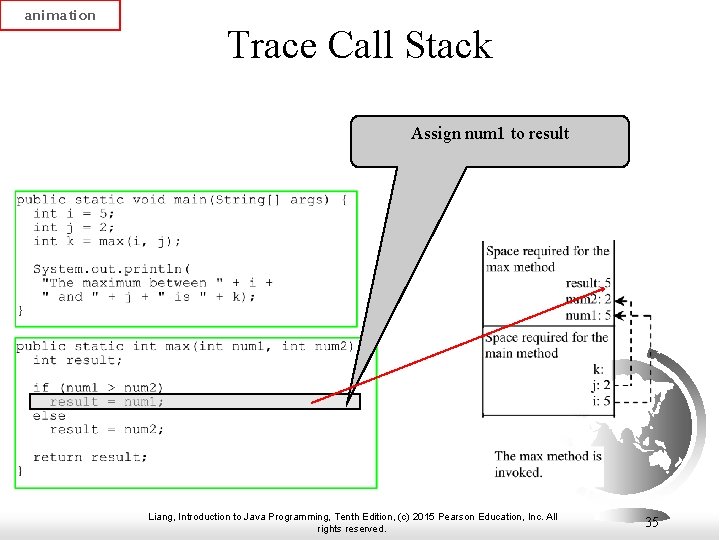 animation Trace Call Stack Assign num 1 to result Liang, Introduction to Java Programming,