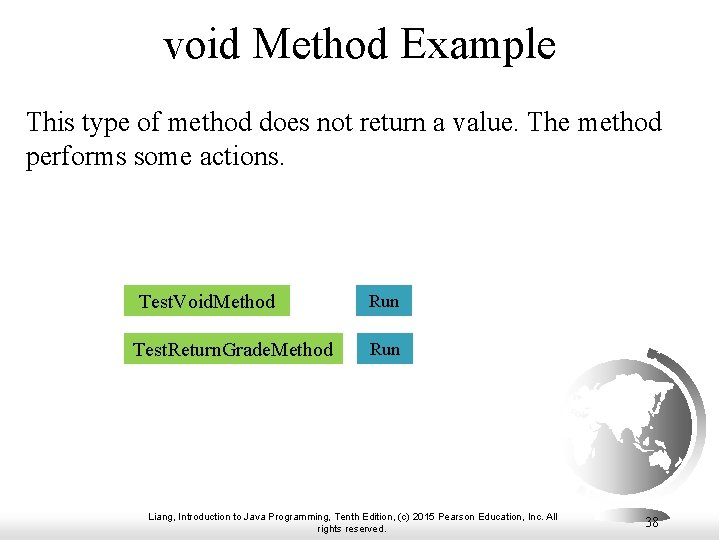 void Method Example This type of method does not return a value. The method