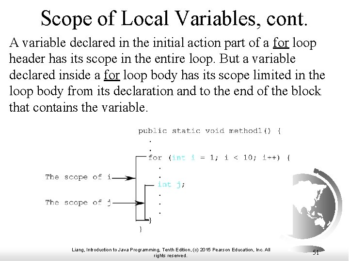Scope of Local Variables, cont. A variable declared in the initial action part of
