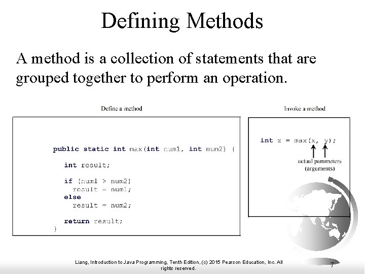 Defining Methods A method is a collection of statements that are grouped together to