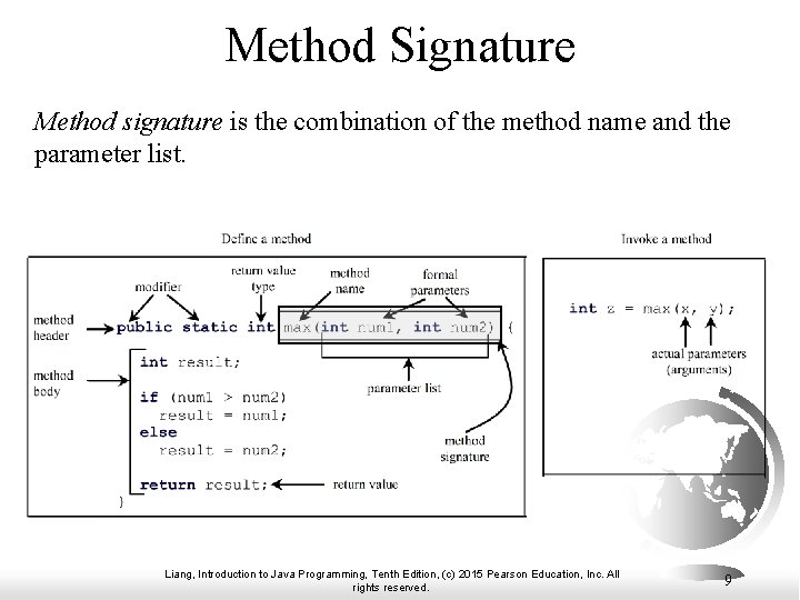 Method Signature Method signature is the combination of the method name and the parameter