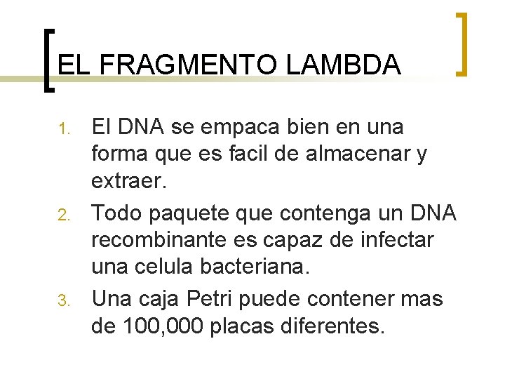 EL FRAGMENTO LAMBDA 1. 2. 3. El DNA se empaca bien en una forma