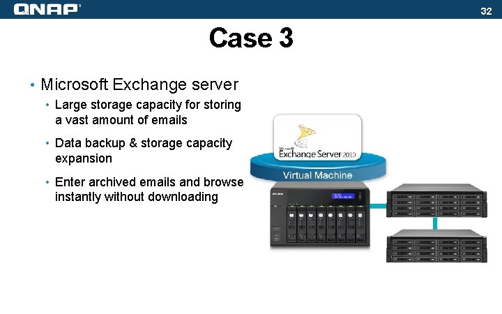 32 Case 3 • Microsoft Exchange server • Large storage capacity for storing a