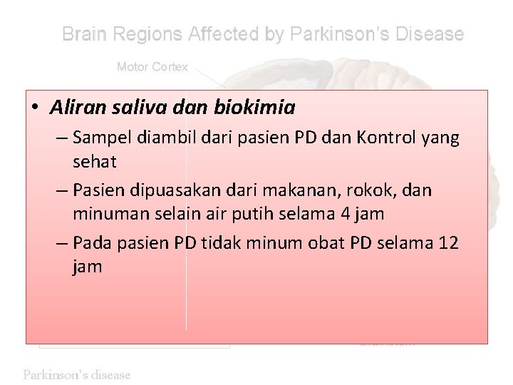  • Aliran saliva dan biokimia – Sampel diambil dari pasien PD dan Kontrol