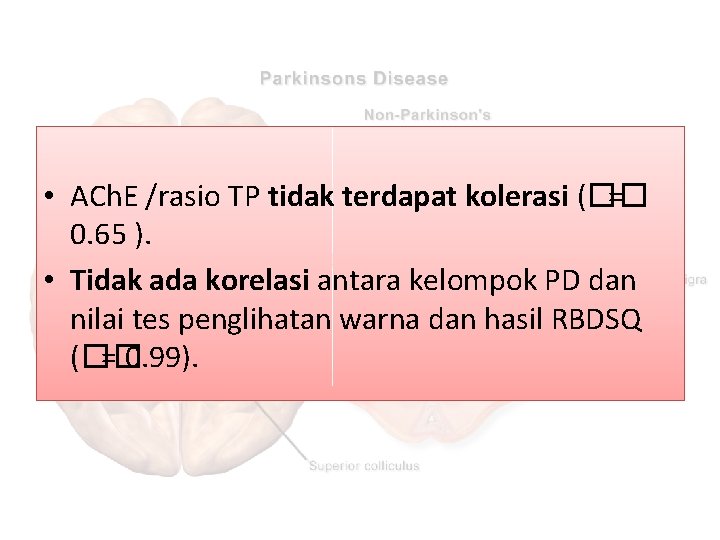  • ACh. E /rasio TP tidak terdapat kolerasi (�� = 0. 65 ).