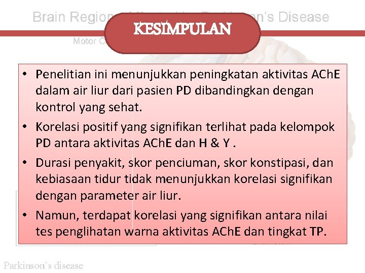 KESIMPULAN • Penelitian ini menunjukkan peningkatan aktivitas ACh. E dalam air liur dari pasien