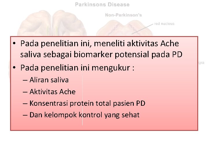  • Pada penelitian ini, meneliti aktivitas Ache saliva sebagai biomarker potensial pada PD