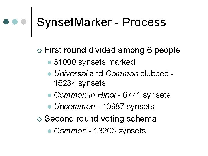 Synset. Marker - Process ¢ First round divided among 6 people 31000 synsets marked Synset. Marker - Process ¢ First round divided among 6 people 31000 synsets marked