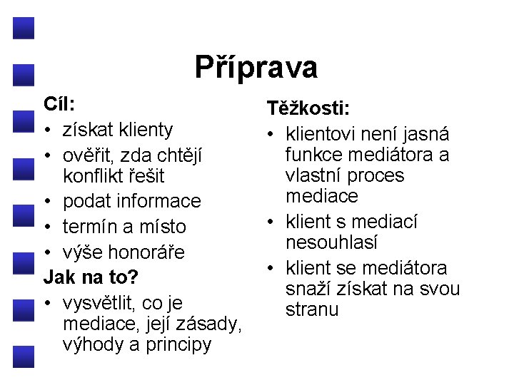 Příprava Cíl: • získat klienty • ověřit, zda chtějí konflikt řešit • podat informace