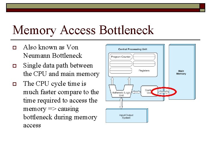 Memory Access Bottleneck o o o Also known as Von Neumann Bottleneck Single data