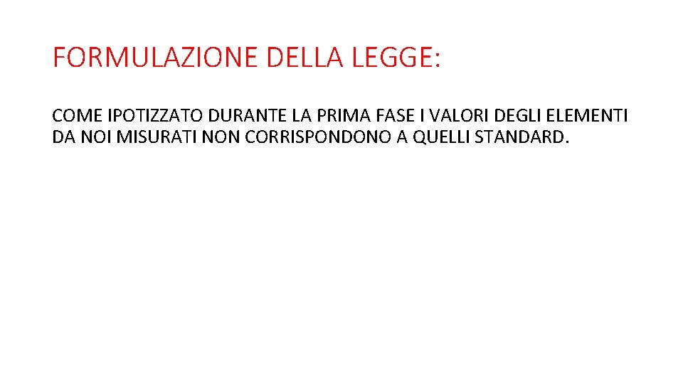 FORMULAZIONE DELLA LEGGE: COME IPOTIZZATO DURANTE LA PRIMA FASE I VALORI DEGLI ELEMENTI DA