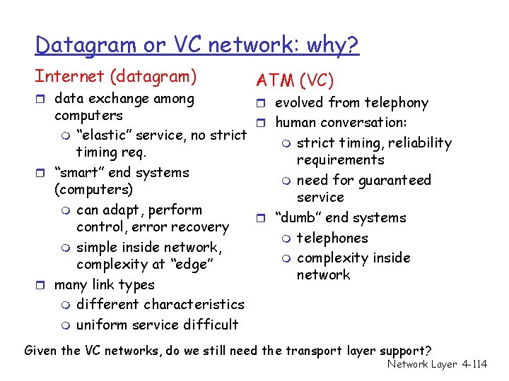Datagram or VC network: why? Internet (datagram) r data exchange among ATM (VC) r Datagram or VC network: why? Internet (datagram) r data exchange among ATM (VC) r