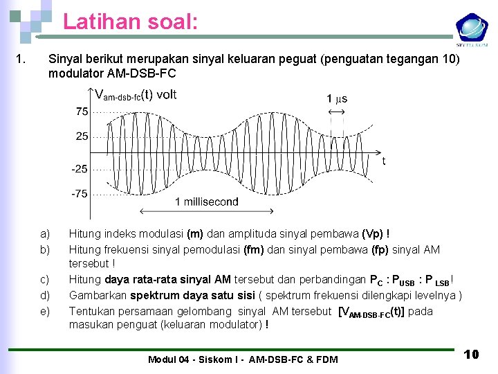 Latihan soal: 1. Sinyal berikut merupakan sinyal keluaran peguat (penguatan tegangan 10) modulator AM-DSB-FC Latihan soal: 1. Sinyal berikut merupakan sinyal keluaran peguat (penguatan tegangan 10) modulator AM-DSB-FC