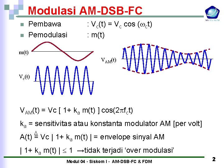Modulasi AM-DSB-FC n n Pembawa Pemodulasi : Vc(t) = Vc cos ( ct) : Modulasi AM-DSB-FC n n Pembawa Pemodulasi : Vc(t) = Vc cos ( ct) :