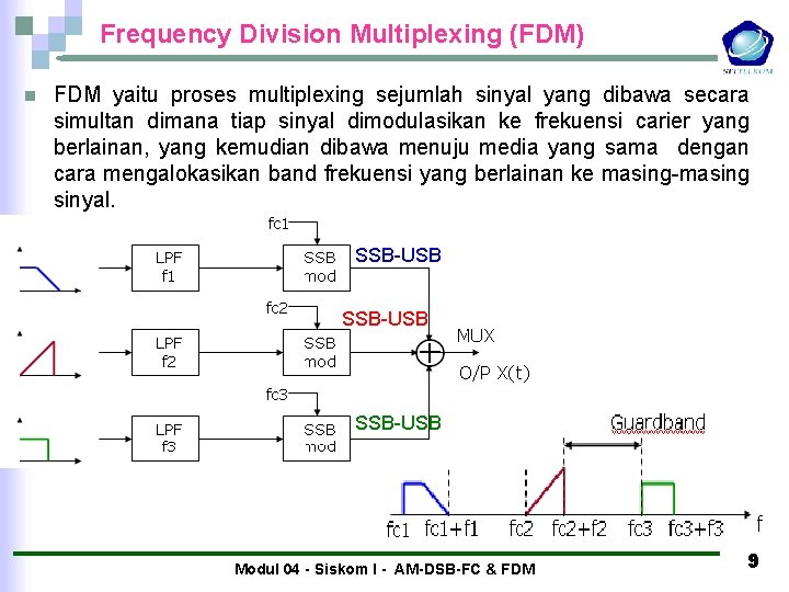 Frequency Division Multiplexing (FDM) n FDM yaitu proses multiplexing sejumlah sinyal yang dibawa secara Frequency Division Multiplexing (FDM) n FDM yaitu proses multiplexing sejumlah sinyal yang dibawa secara