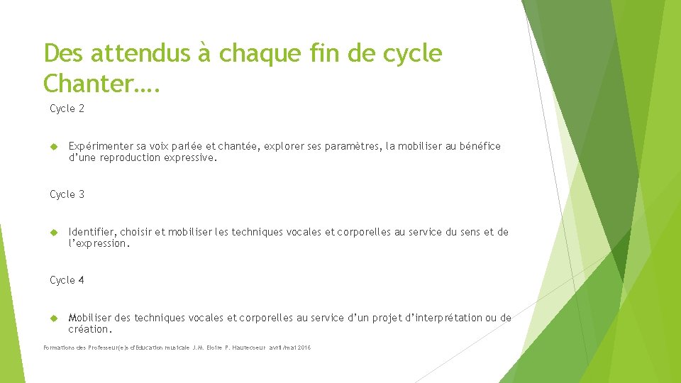 Des attendus à chaque fin de cycle Chanter…. Cycle 2 Expérimenter sa voix parlée