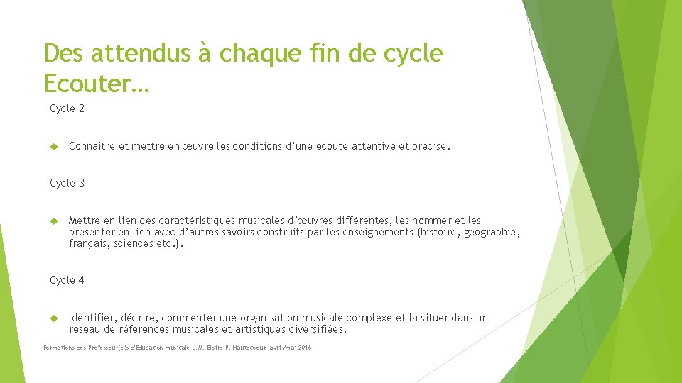 Des attendus à chaque fin de cycle Ecouter… Cycle 2 Connaitre et mettre en