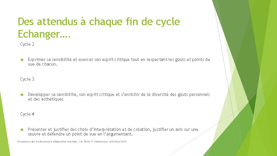 Des attendus à chaque fin de cycle Echanger…. Cycle 2 Exprimer sa sensibilité et
