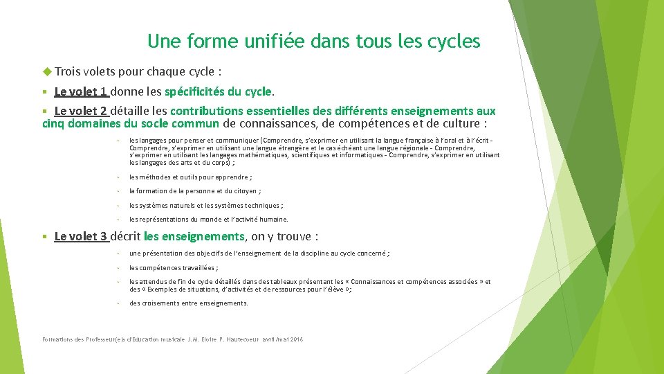Une forme unifiée dans tous les cycles Trois volets pour chaque cycle : Le