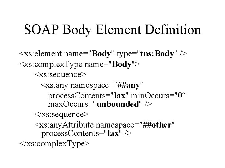 SOAP Body Element Definition <xs: element name="Body" type="tns: Body" /> <xs: complex. Type name="Body">