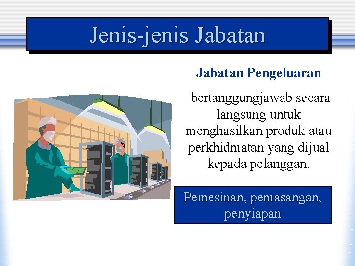 Jenis-jenis Jabatan Pengeluaran bertanggungjawab secara langsung untuk menghasilkan produk atau perkhidmatan yang dijual kepada