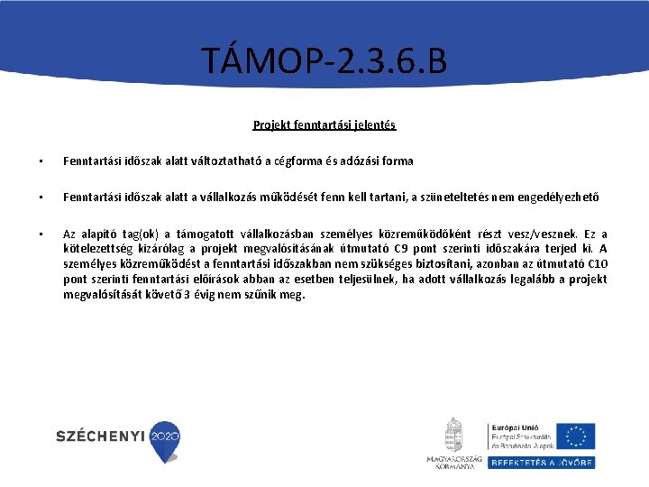 TÁMOP-2. 3. 6. B Projekt fenntartási jelentés • Fenntartási időszak alatt változtatható a cégforma