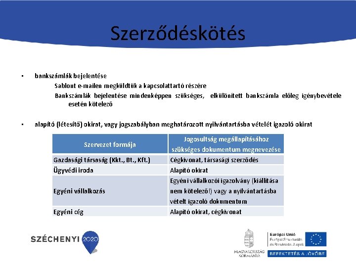 Szerződéskötés • bankszámlák bejelentése Sablont e-mailen megküldtük a kapcsolattartó részére Bankszámlák bejelentése mindenképpen szükséges,