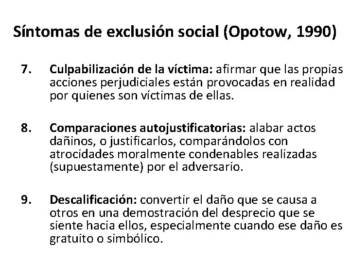 Síntomas de exclusión social (Opotow, 1990) 7. Culpabilización de la víctima: afirmar que las