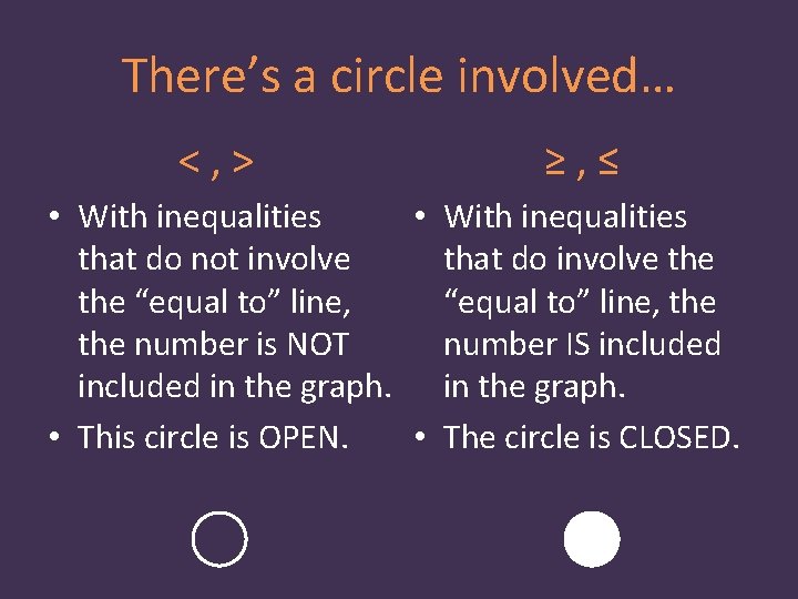 There’s a circle involved… <, > ≥, ≤ • With inequalities that do not