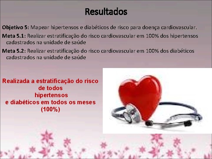 Resultados Objetivo 5: Mapear hipertensos e diabéticos de risco para doença cardiovascular. Meta 5.