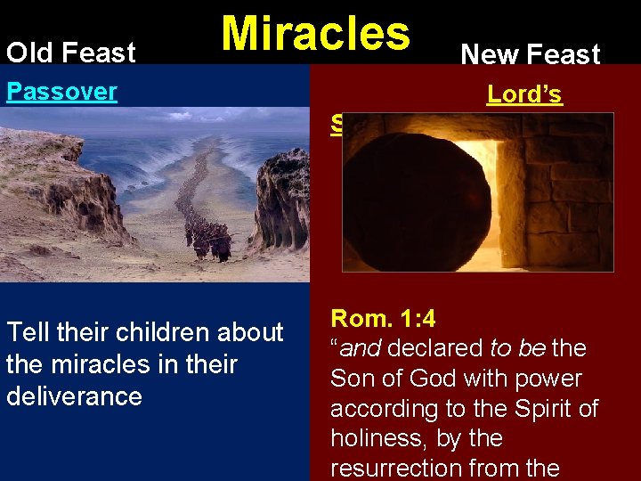 Old Feast Miracles Passover New Feast Lord’s Supper Tell their children about the miracles
