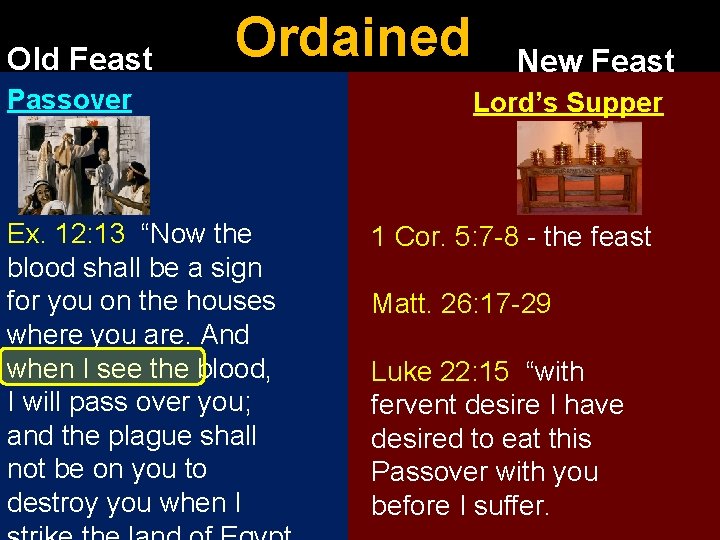 Old Feast Ordained Passover Ex. 12: 13 “Now the blood shall be a sign