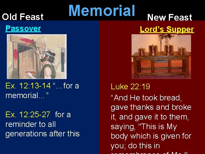 Old Feast Memorial Passover Ex. 12: 13 -14 “…for a memorial…” Ex. 12: 25