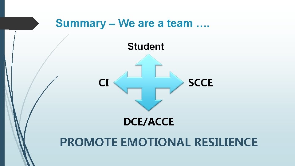 Summary – We are a team …. Student CI SCCE DCE/ACCE PROMOTE EMOTIONAL RESILIENCE