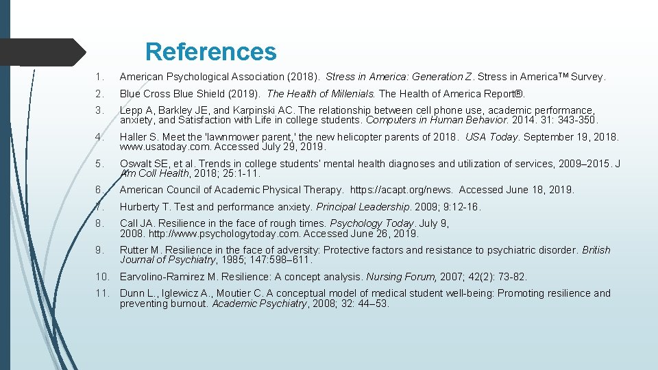 References 1. American Psychological Association (2018). Stress in America: Generation Z. Stress in America.