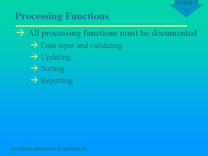 Processing Functions PHASE 3 22 à All processing functions must be documented à Data