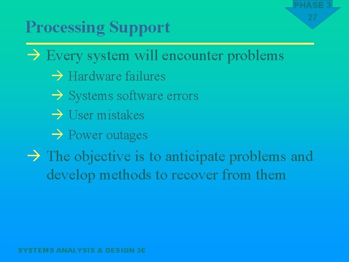 Processing Support PHASE 3 27 à Every system will encounter problems à Hardware failures