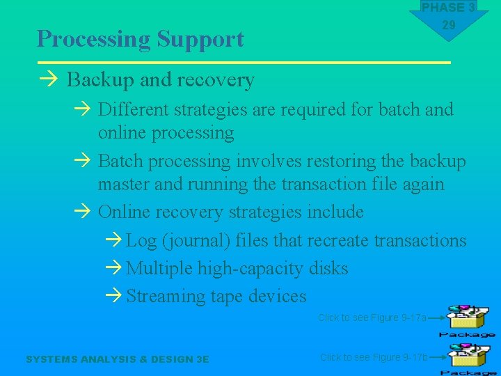 Processing Support PHASE 3 29 à Backup and recovery à Different strategies are required