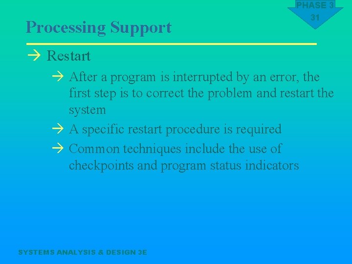 Processing Support PHASE 3 31 à Restart à After a program is interrupted by