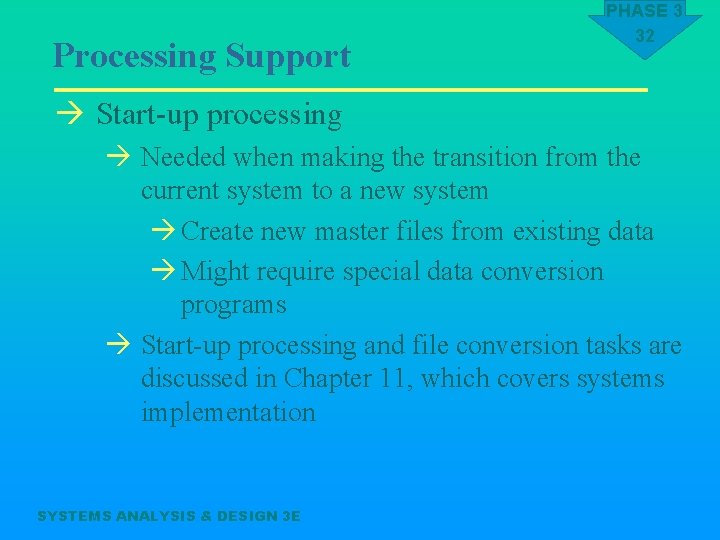 Processing Support PHASE 3 32 à Start-up processing à Needed when making the transition