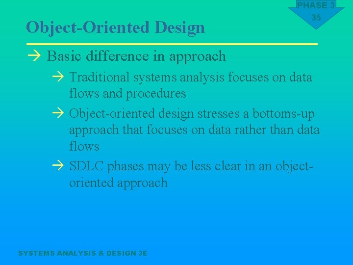 Object-Oriented Design PHASE 3 35 à Basic difference in approach à Traditional systems analysis