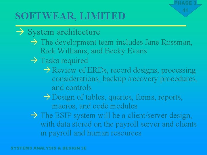 SOFTWEAR, LIMITED PHASE 3 41 à System architecture à The development team includes Jane