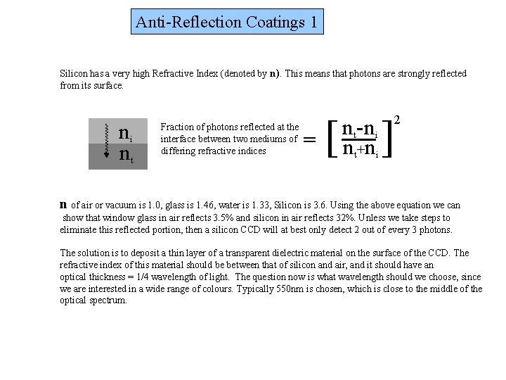 Anti-Reflection Coatings 1 Silicon has a very high Refractive Index (denoted by n). This