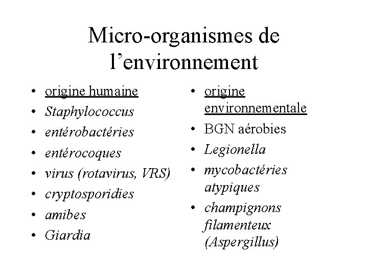 Micro-organismes de l’environnement • • origine humaine Staphylococcus entérobactéries entérocoques virus (rotavirus, VRS) cryptosporidies