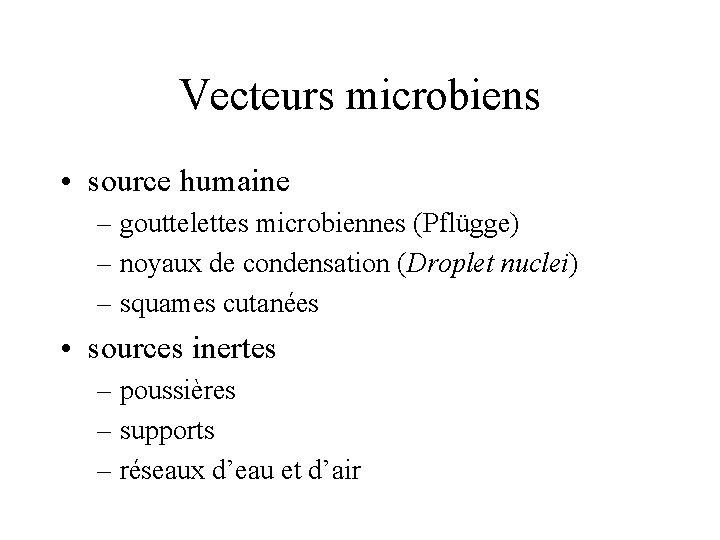 Vecteurs microbiens • source humaine – gouttelettes microbiennes (Pflügge) – noyaux de condensation (Droplet